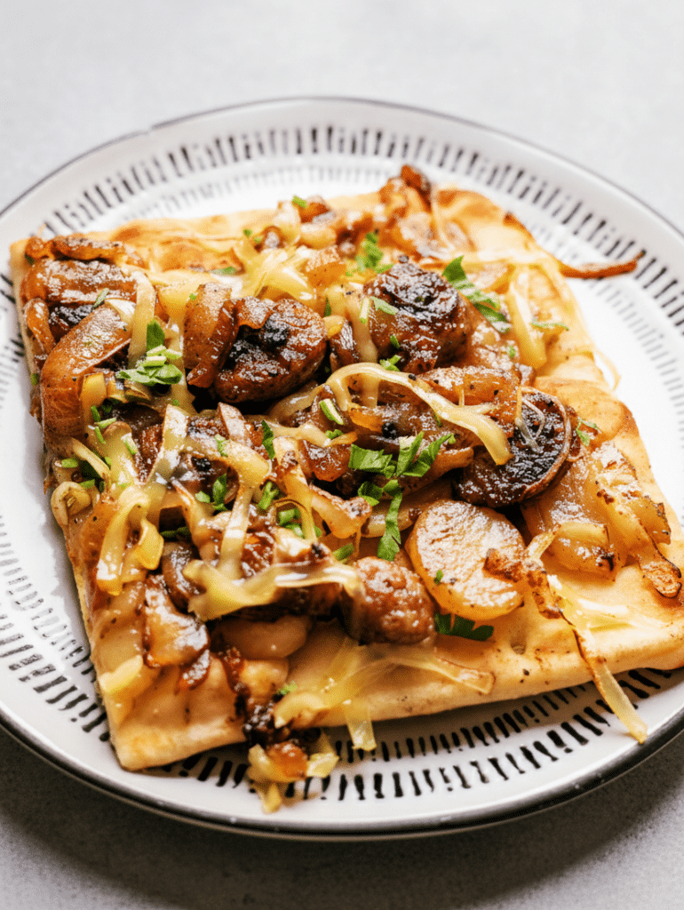 Bratwurst and caramelized onion flatbread made with READ German Potato Salad